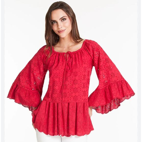 John Mark Red Eyelet Peasant Blouse Top, Cotton, Ruffle Sleeves sz XL - Picture 1 of 12